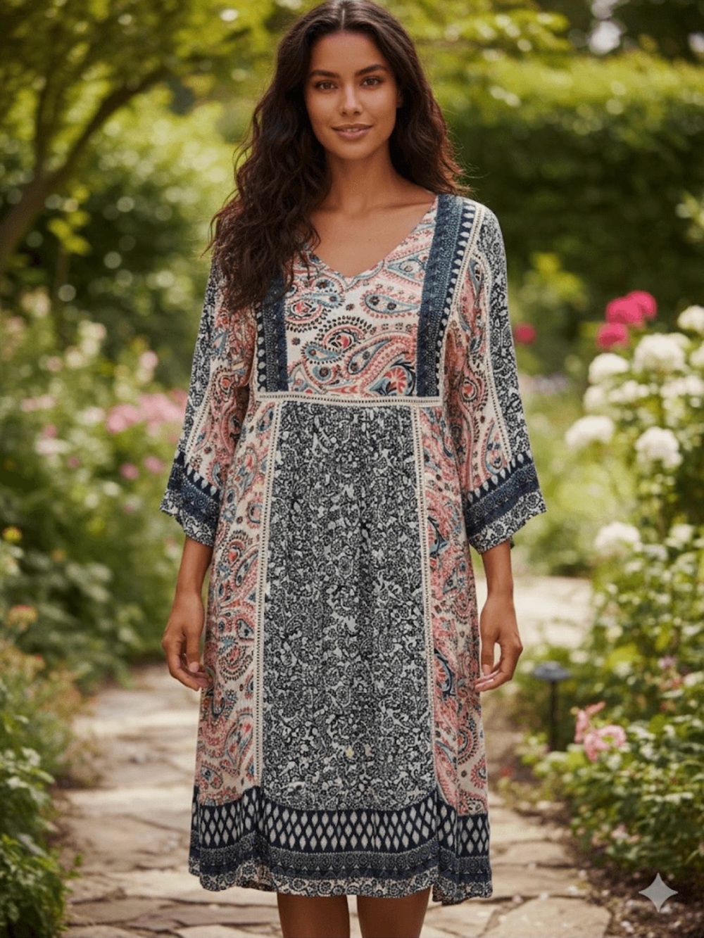 Sundance Floral Paisley Midi Dress boho cottage core in Teal, Pink & Orange